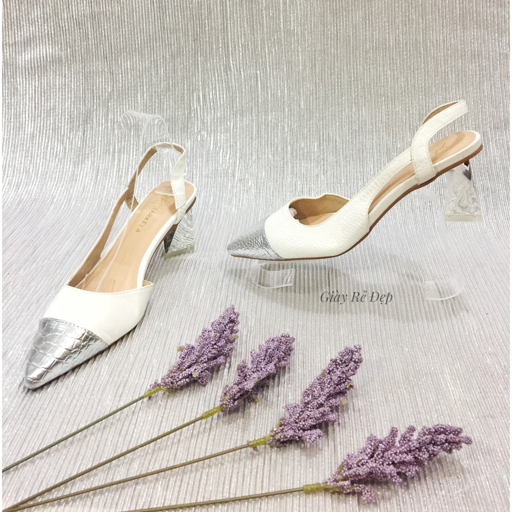 Guốc Sục Gót Vuông 5P Quai Hậu Da Cá Sấu | Giày Cao Gót Quai Hậu Mũi Nhọn Đế Vuông Trong Suốt 5cm | 