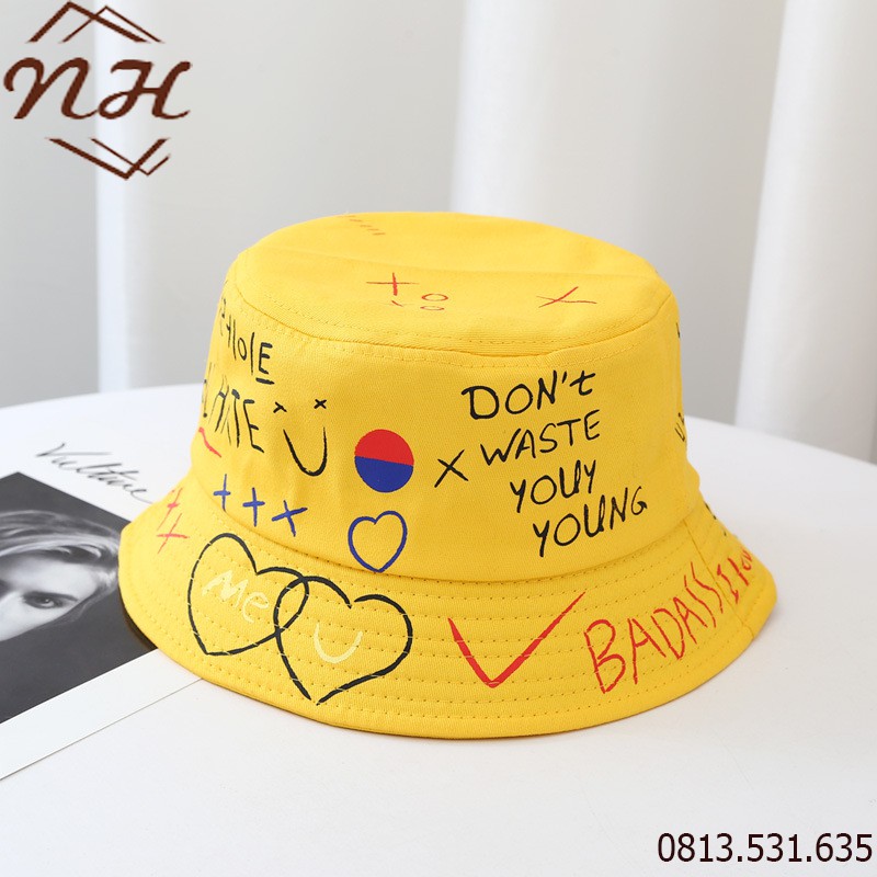 Mũ Bucket rộng vành họa tiết graffiti form unisex nam nữ - ẢNH THẬT - Nón tai bèo cao cấp M02