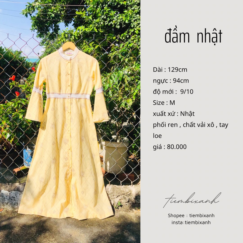 2hand đầm nhật dáng dài màu cam nút bọc vải phối ren D535 tiembixanh
