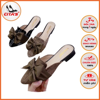 Giày sục mũi nhọn đính nơ chất liệu vải - Sục nữ - Giày sục cực xinh - Citashoes