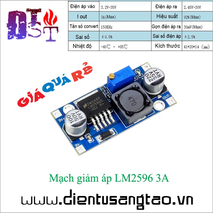 Mạch hạ áp, mạch giảm áp LM2596 3A - Loại tốt dùng tụ nhôm