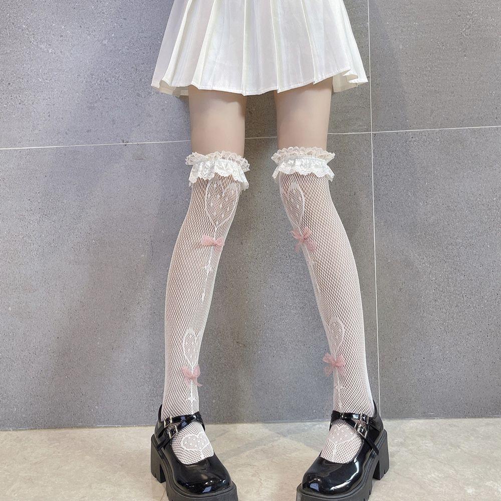 Vớ Lưới Cổ Cao Qua Đầu Gối Thêu Hình Trái Tim/ Kẹo Mút Phối Ren Dễ Thương Quyến Rũ