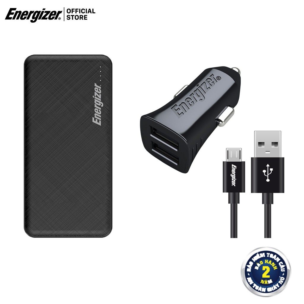 Combo sạc dự phòng 10,000mAh UE10053 + Sạc Ô Tô Energizer 2.4A 2USB + Kèm cáp Micro USB - DCA2BHMC3