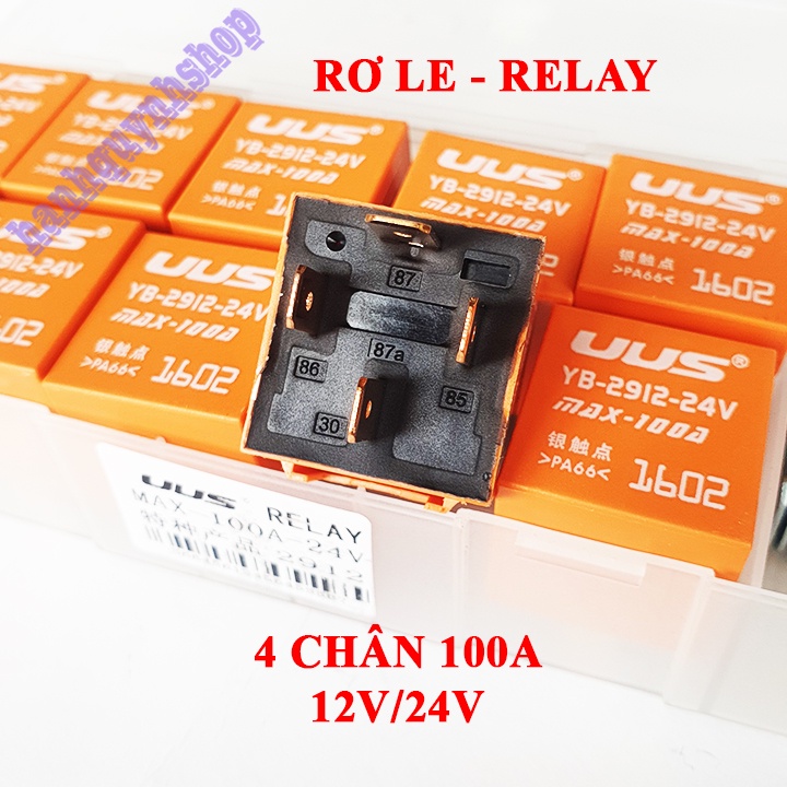 Hộp 10 Rơ le ô tô, Relay 4 chân màu cam 12V 100A hoặc 24V 100A loại 1