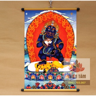 Tranh mật tông thangka Hắc Thần Tài Jambala 40x60cm bằng vải phủ bóng cao cấp dày dặn