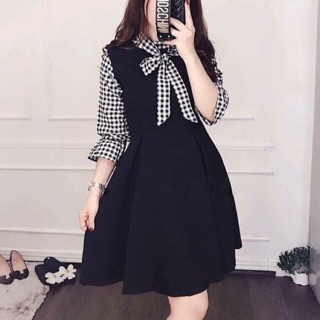 Đầm xoè phối caro M/L/XL/2XL _ kèm hình chụp thật phía sau