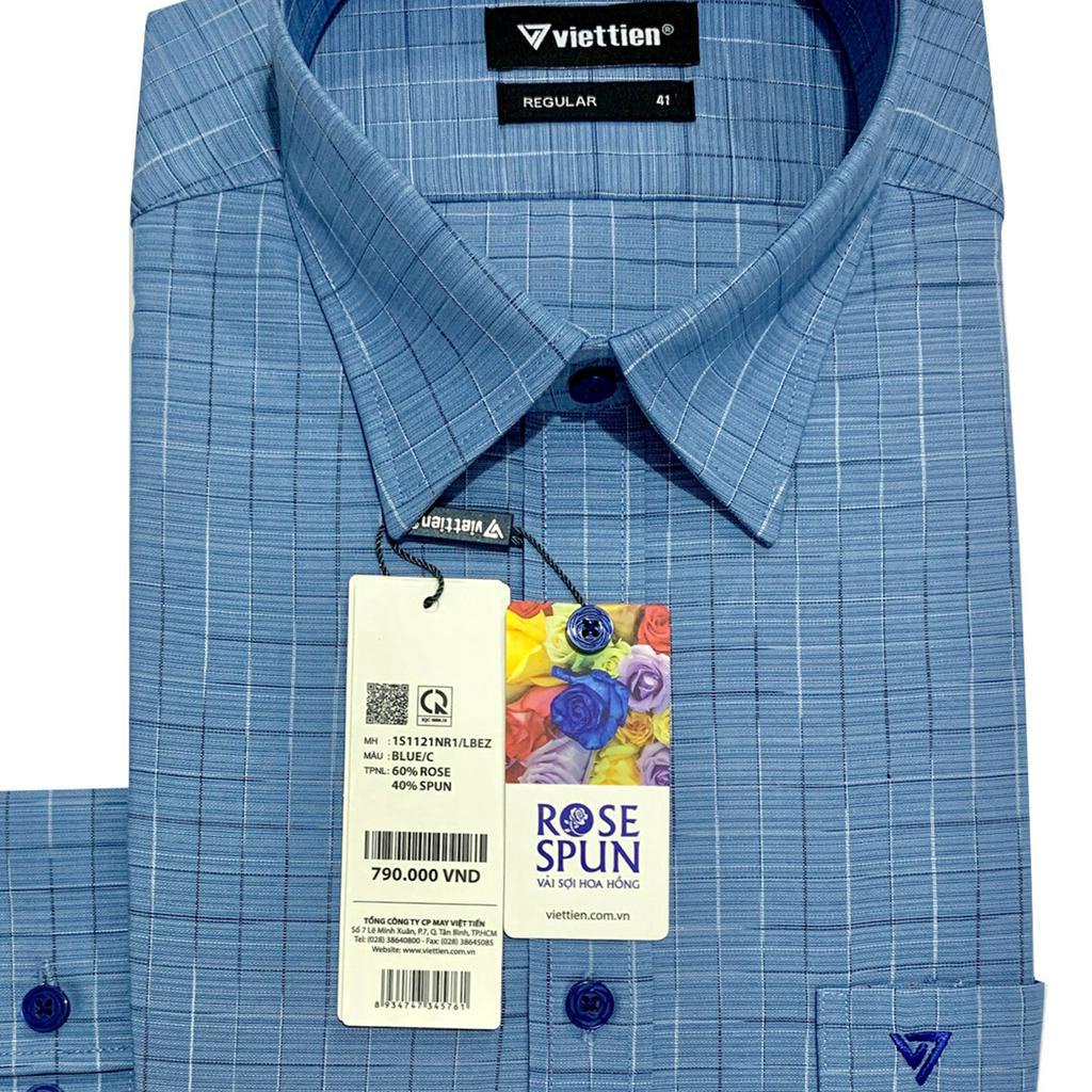 Viettien - Áo sơ mi nam dài tay ca rô cao cấp 1S1121 Regular Xanh Vải sợi hoa hồng