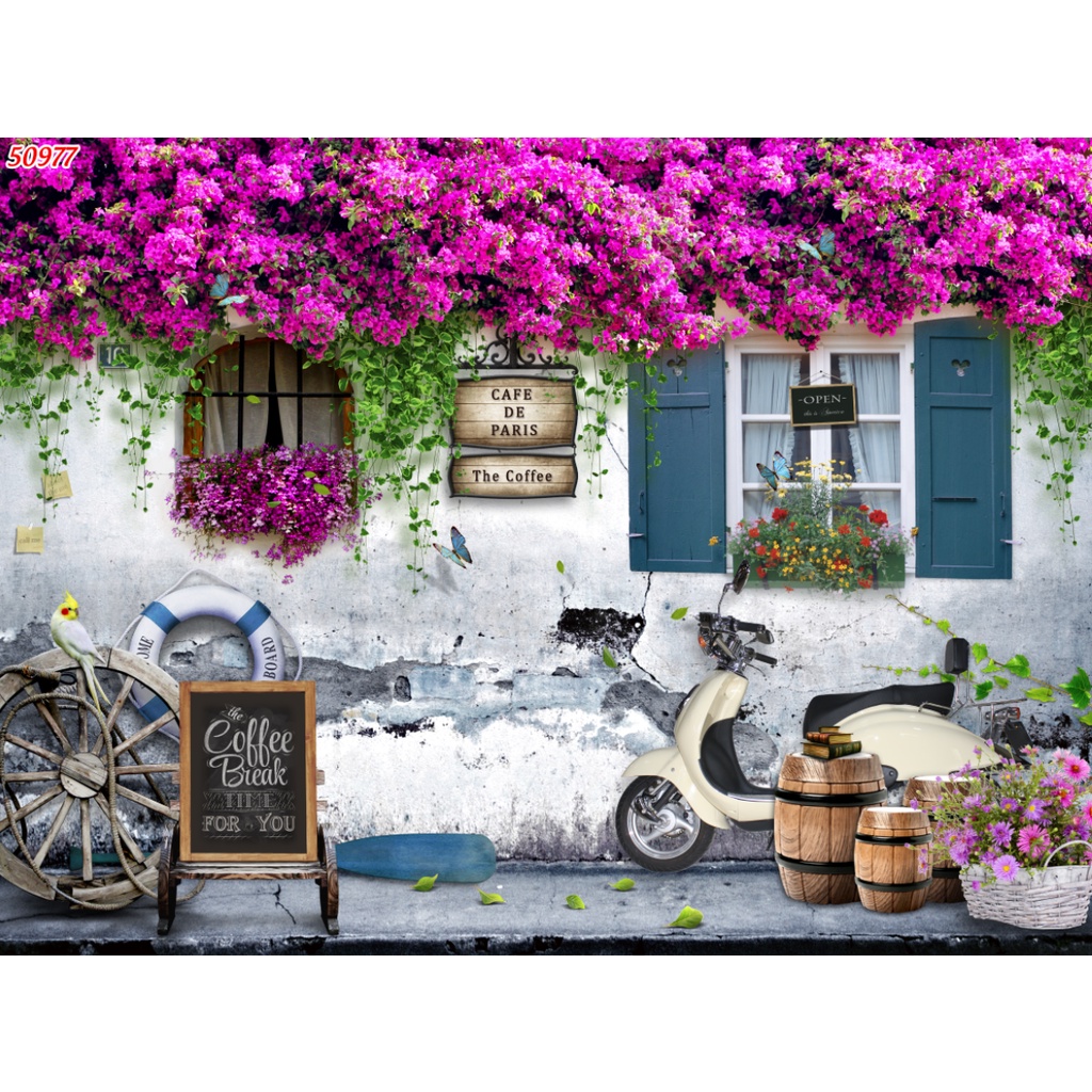 Tranh dán tường Quán Cafe, Trà Sữa, Trang Trí Cửa Hàng 3D tặng keo và dụng cụ dán