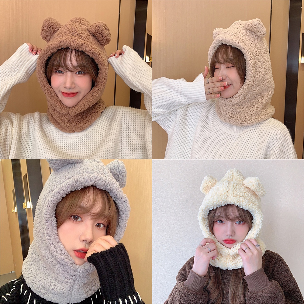 1 Mũ Len Liền Khăn Choàng Hình Gấu Bông Mềm Mại Giữ Ấm Mùa Đông Dành Cho Nữ