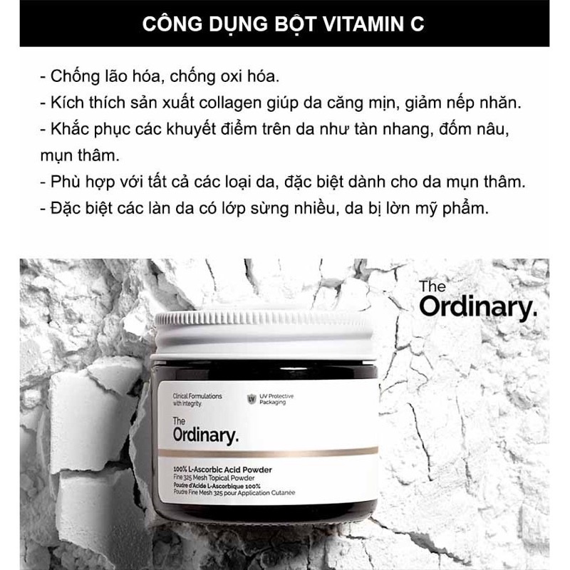 Bột Vitamin C & Niacinamide The Ordinary 100% L-Ascorbic Acid Power 20g Sáng da mờ thâm,se lỗ chân lông