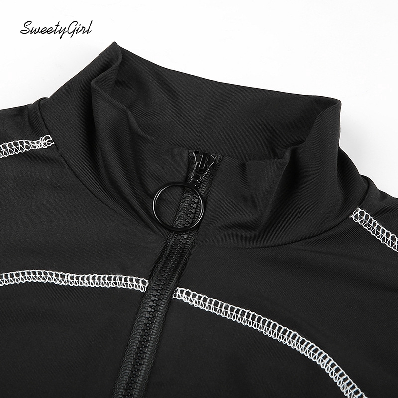 SweetyGirl Women Crop Top Contrast Color Lined Stand Collar Zippered Long Sleeves Slim Fit Casual Sportswear