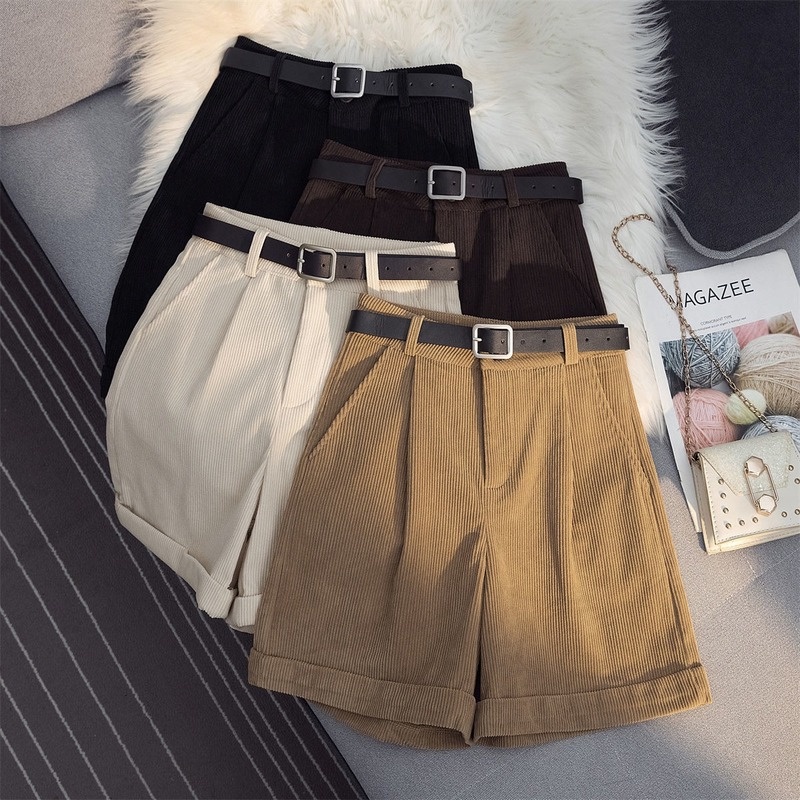 Quần Short Nhung Lưng Cao Dáng Chữ A Ống Rộng Thiết Kế Mới Thời Trang Thu Đông Cho Nữ