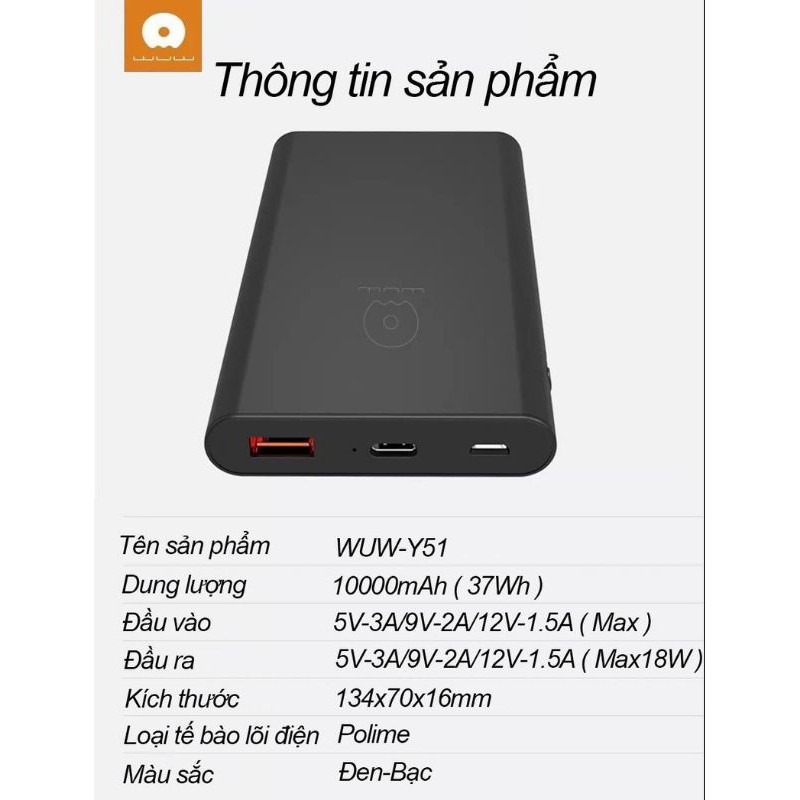 Pin sạc dự phòng WUW-Y51 dung lượng 10000mAh công nghệ sạc nhanh thông minh PD đa chức năng bảo vệ an toàn.