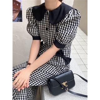 SALE Đầm caro cổ sen