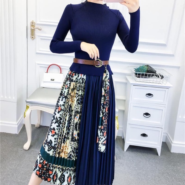 Váy len xếp ly mix vải boho