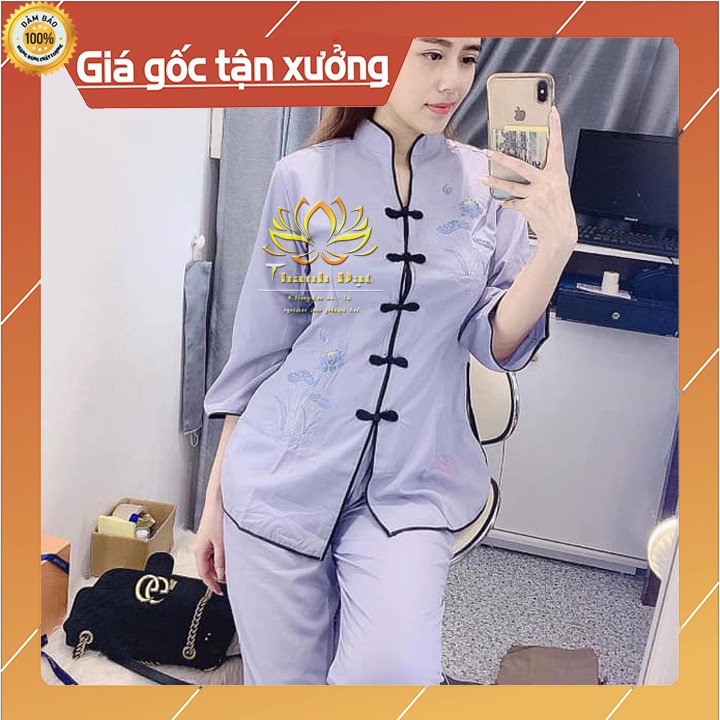 Đồ lam đi chùa Cổ Tàu Thêu Sen Viền Đen Chất Vải Kate Mịn Đẹp Thoáng Mát, MayThêu Cẩn Thận MặcCực Thoải Mái Khi Đi Chùa | BigBuy360 - bigbuy360.vn