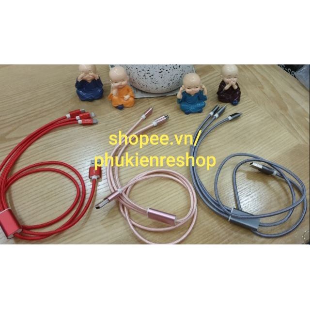 Cáp sạc nhanh 3 đầu Lightning, Type-C, Type-A