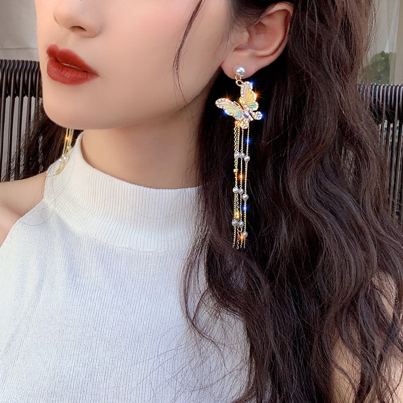Bông Tai Mạ Bạc 925 Hình Bướm / Ngọc Trai Nhiều Màu Thời Trang Phong Cách Hàn Quốc