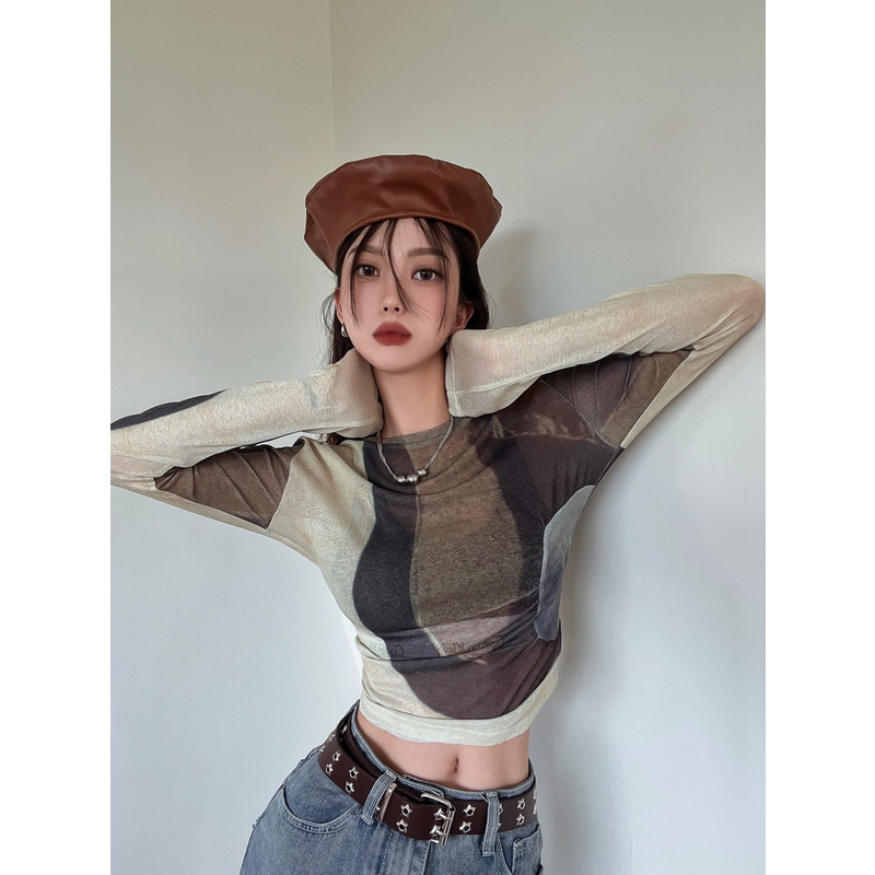 Cocory vn Áo Croptop Tay Dài Cổ Tròn Màu Tương Phản Thời Trang Mùa Thu Cho Nữ