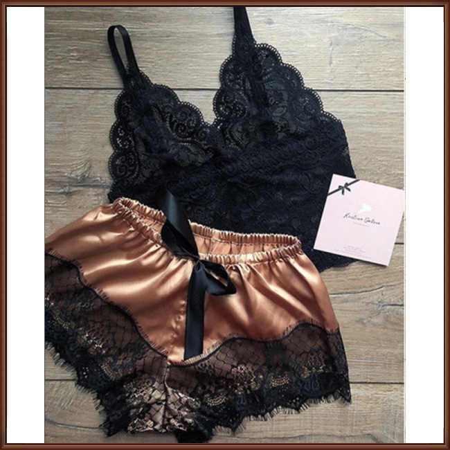 Bộ Đồ Ngủ 2 Món Áo Hai Dây Cổ Chữ V Phối Ren Và Quần Lót Ren Quyến Rũ Dành Cho Nữ