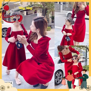 VNU50 - VÁY NHUNG ĐỎ VAI ĐÍNH CƯỜM CHO MẸ VÀ BÉ