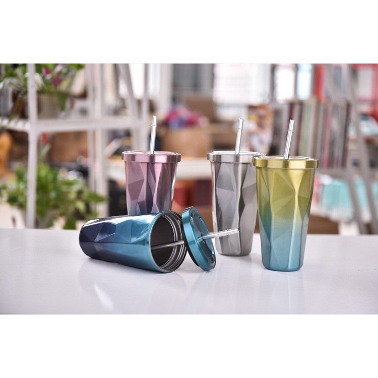 Ly giữ nhiệt kim cương có nắp và ống hút 480ml dụng cụ tiện ích khi mang đi làm,công sở ,sinh viên đi làm việc