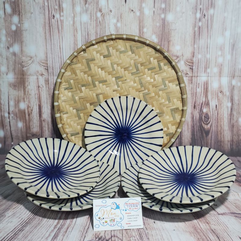 🤗👌Set 2 Dĩa 20cm Hoa Văn Vẽ Sọc Đơn Giản 😊🥰 Gốm Cao Cấp Từ Đất Cao Lanh👌👍👍