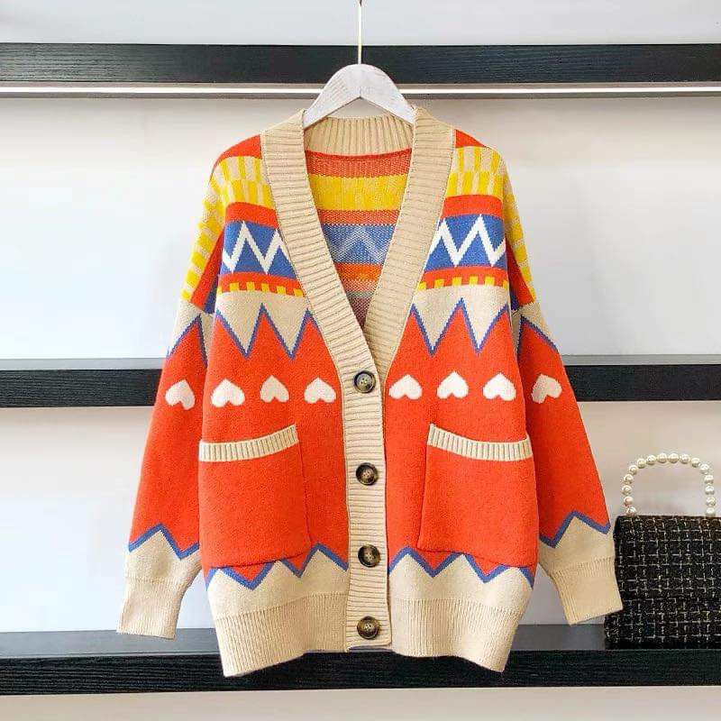 Áo khoác len rộng dài 2 túi phối màu.