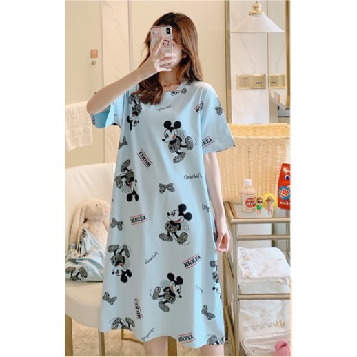 Váy ngủ cộc tay đầm ngủ nữ dễ thương dáng suông mềm mát họa tiết hoạt hình VN-02