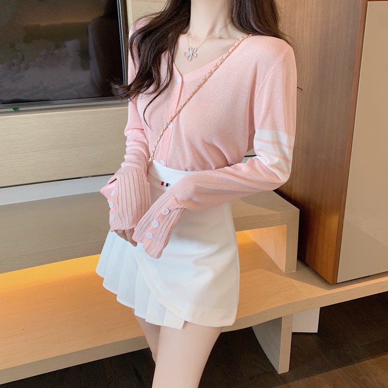 LEEVA - Set đồ áo sọc len phối chân váy xếp ly K016