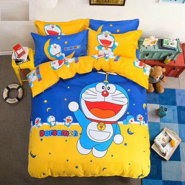 Bộ Chăn Ga Gối Cotton Hoạt Hình 3D Doremon Trăng Sao