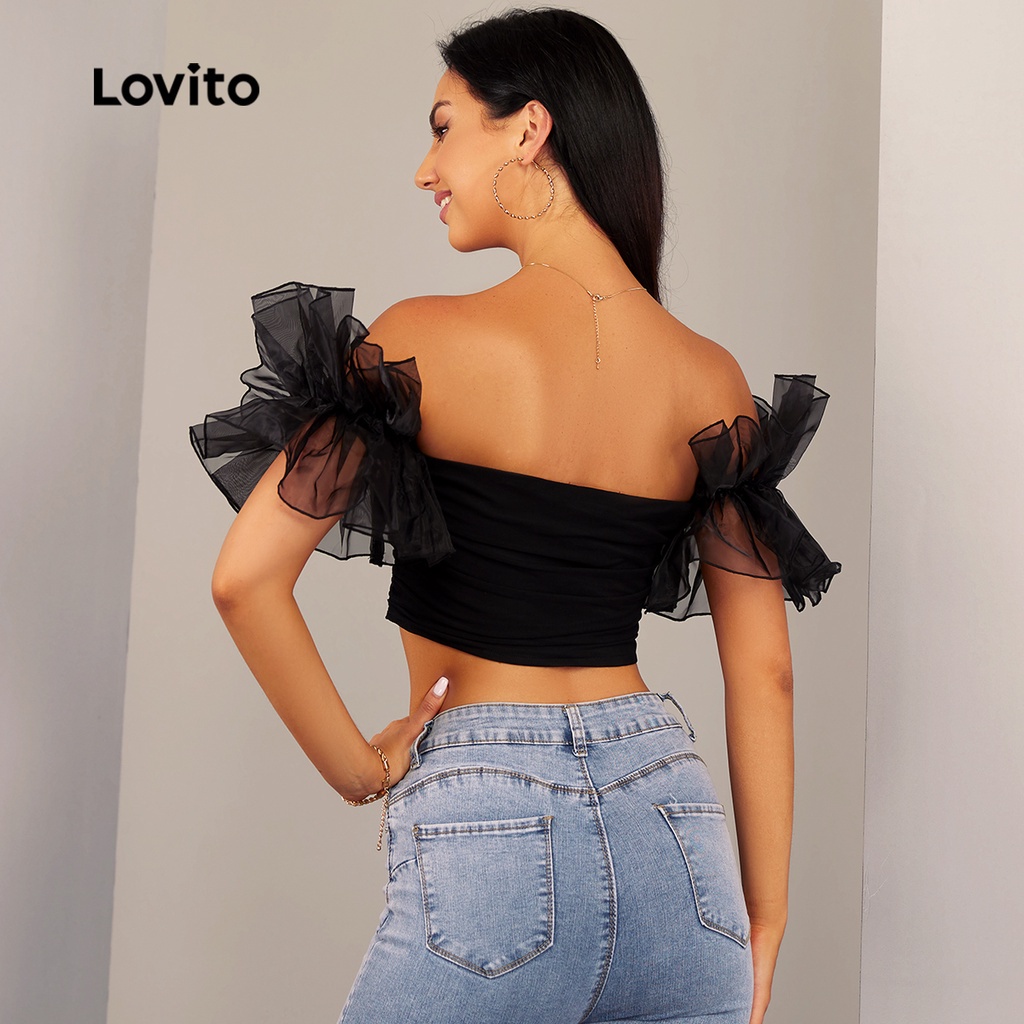 Lovito Áo Kiểu Trễ Vai Nhún Bèo Màu Đen Thời Trang Gợi Cảm L20D1004