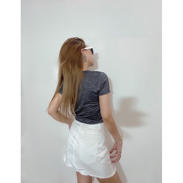 Áo croptop ôm thun kim tuyến ánh nhũ trơn màu