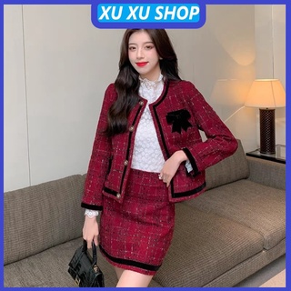 Set nữ dạ tweed màu đỏ tôn da - XU XU SHOP - Áo khoác và chân váy ngắn sang chảnh, bộ nữ hàng cao cấp có size