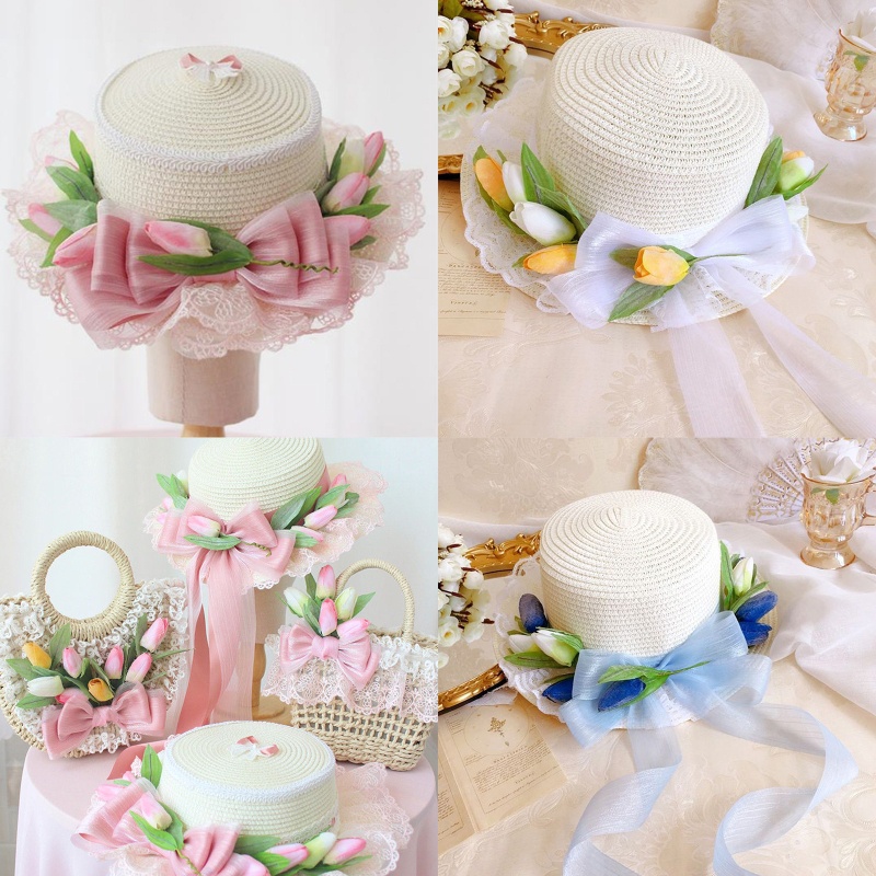 Mũ Vành Phẳng Trang Trí Hoa Tulip Có Thể Điều Chỉnh Thời Trang Đi Biển Mùa Hè Cho Nữ