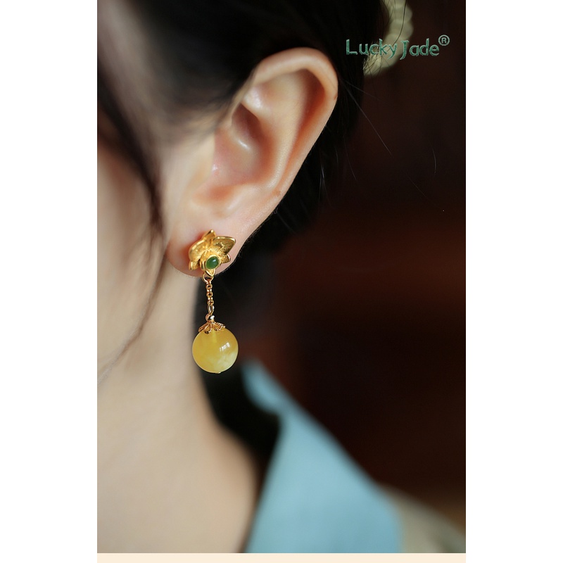 Khuyên Tai Bạc Đính Đá Hổ Phách Cao Cấp Phong Cách Trung Hoa Cho Nữ