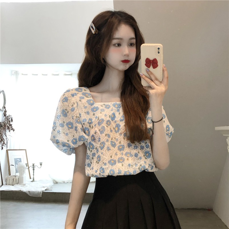 Áo kiểu tay phồng cổ vuông họa tiết hoa thời trang mùa hè xinh xắn cho nữ