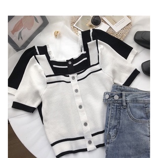 Áo len tăm cổ vuông tay ngắn, áo croptop cổ vuông