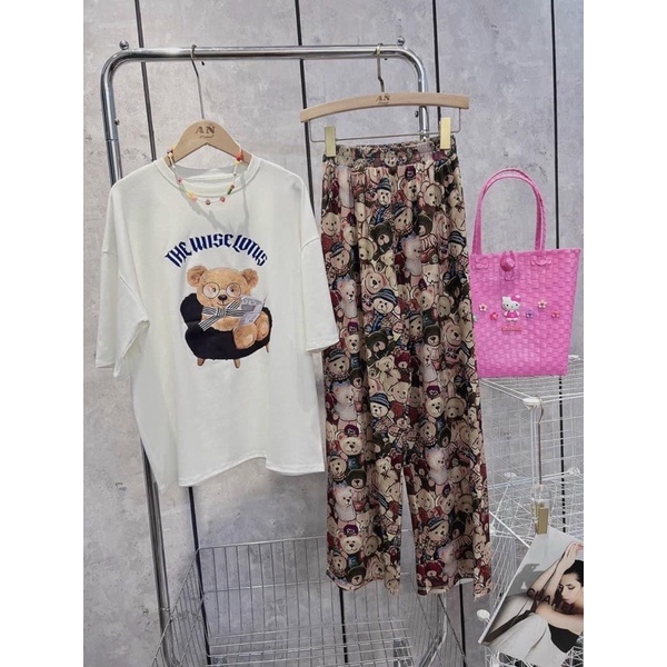 Set quần suông gân áo thun cotton gấu mang kiếng