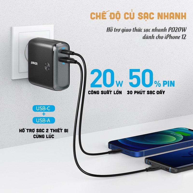 Củ Sạc Nhanh Kiêm Pin Dự Phòng Anker PowerCore Fusion 10000mAh PD 20W, Hỗ Trợ 2 Cổng Sạc Type C Va USB - A1623