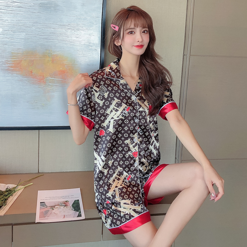 insKorean Style Pajamas Women's Summer Thin Ice Silk Short Sleeve Advanced Luxury Cool DoubleCLetter Silk Homewear