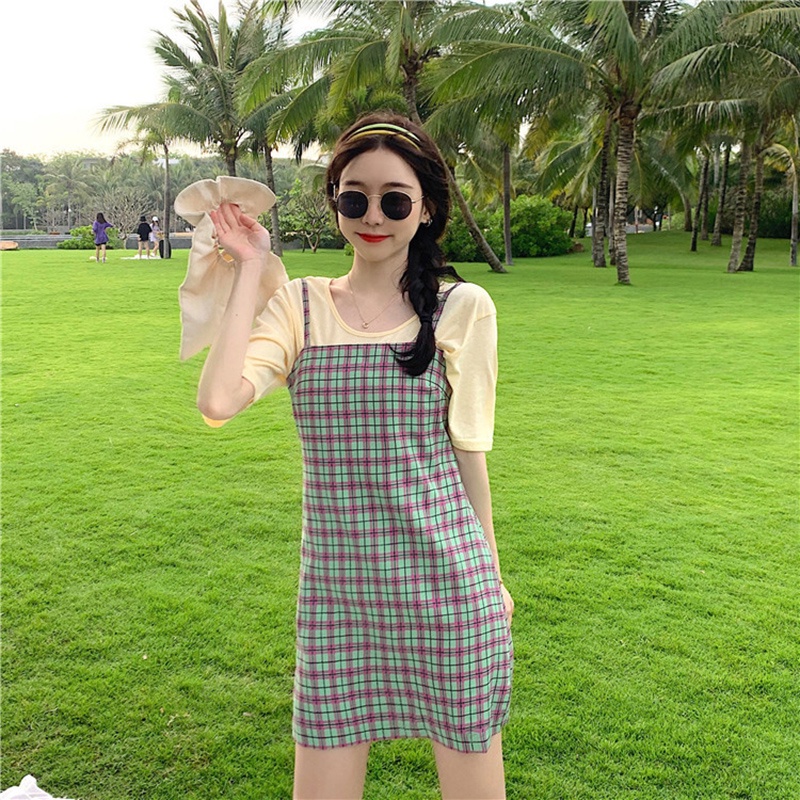 IELGY Đầm Hai Dây Không Tay Eo Cao In Họa Tiết Caro Phong Cách Hàn Quốc Cổ Điển