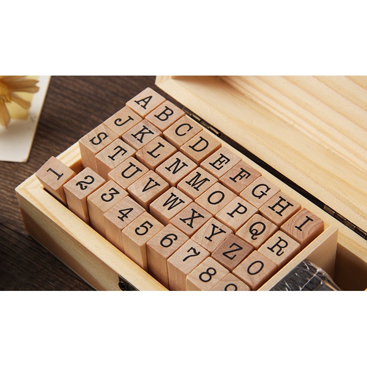 KimiTape Hộp 36 con dấu gỗ Full chữ cái Alphabet + Chữ số kèm Hộp mực đóng dấu trang trí sổ và thiệp, làm Bullet Journal