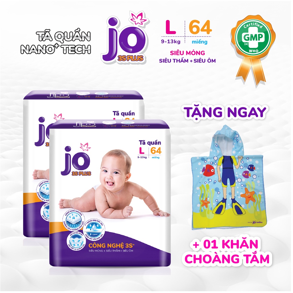 (Tặng khăn choàng tắm cho bé) Combo 2 gói Tã quần Jo 3S Plus M72/L60/XL56/XXL48