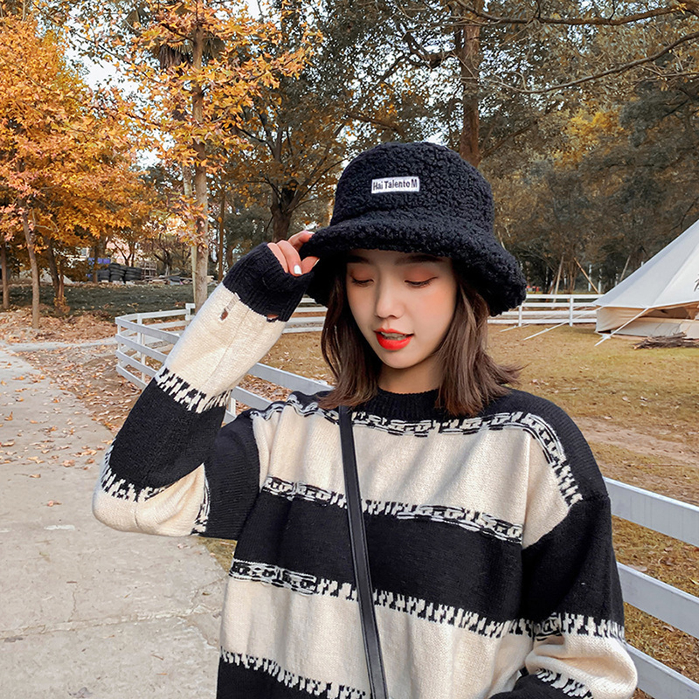 BACK2LIFE Female Bucket Hat New Bucket Cap Cashmere Hat Women Curly Plush Trendy Plush Hat Solid Color Warm Hat Wide Brim Hat pink/beige/black