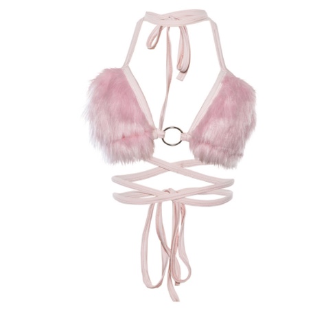 Bikini đính lông hồng buộc dây thắt eo sexy - áo bralette mặc đi biển dã ngoại gợi cảm
