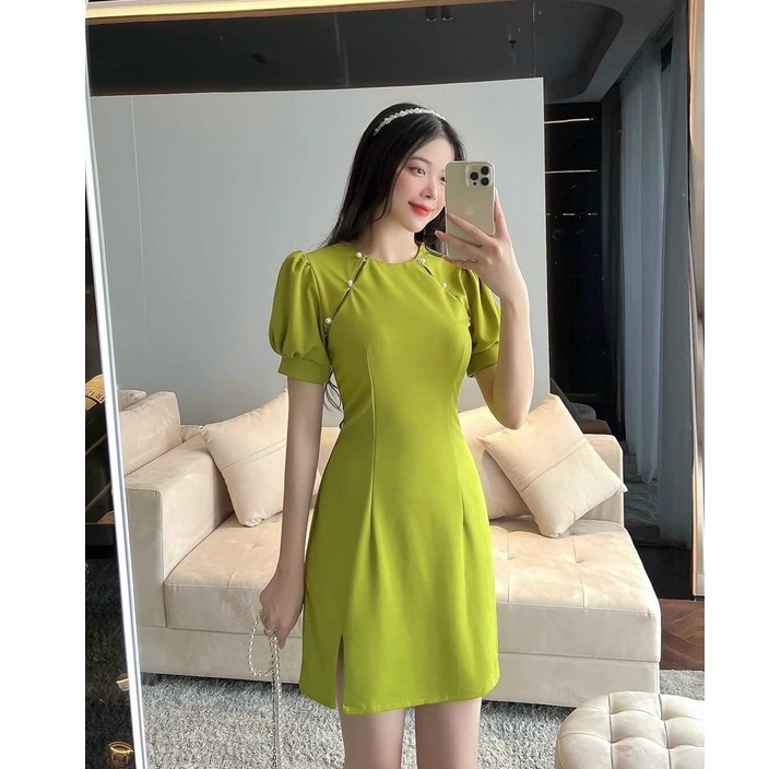 sườn xám cổ tròn họa tiết đính ngọc 2 bên tôn dáng trẻ trung sang trọng thanh lịch siêu xinh