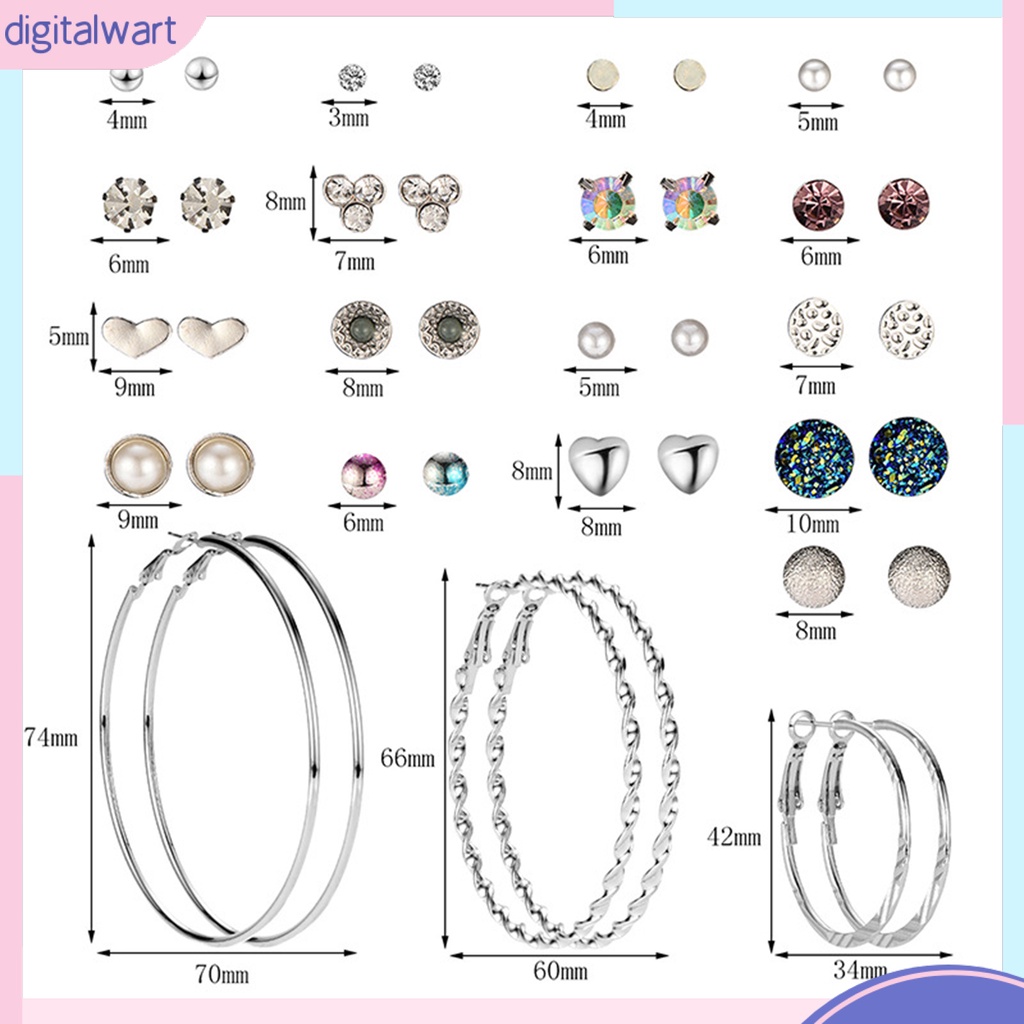 Set 20 Đôi Khuyên Tai Tròn / Trái Tim Đính Đá Thời Trang Cho Nữ