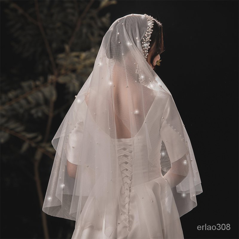 Mạng che mặt cô dâu dài đính ngọc trai nặng 2021