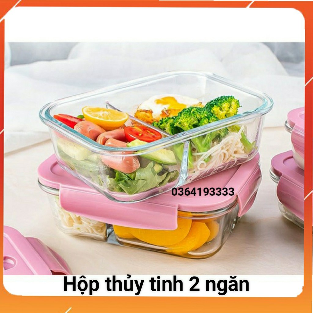Hộp đựng cơm chia 2 ngăn thủy tinh | Hộp thủy tinh đựng thức ăn chia ngăn